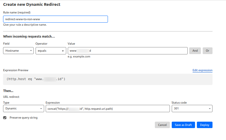 www. to Non www Redirect Rules Example