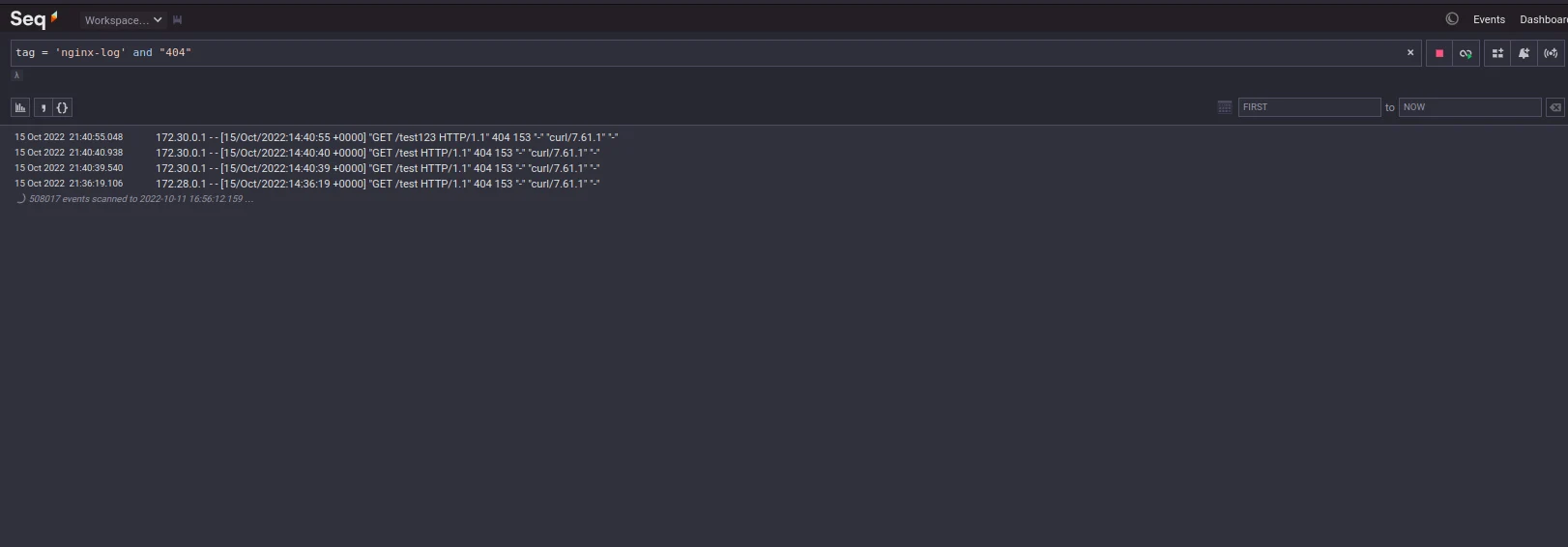 Test Log Filter, Search 404 Status with ’nginx-log’ tag